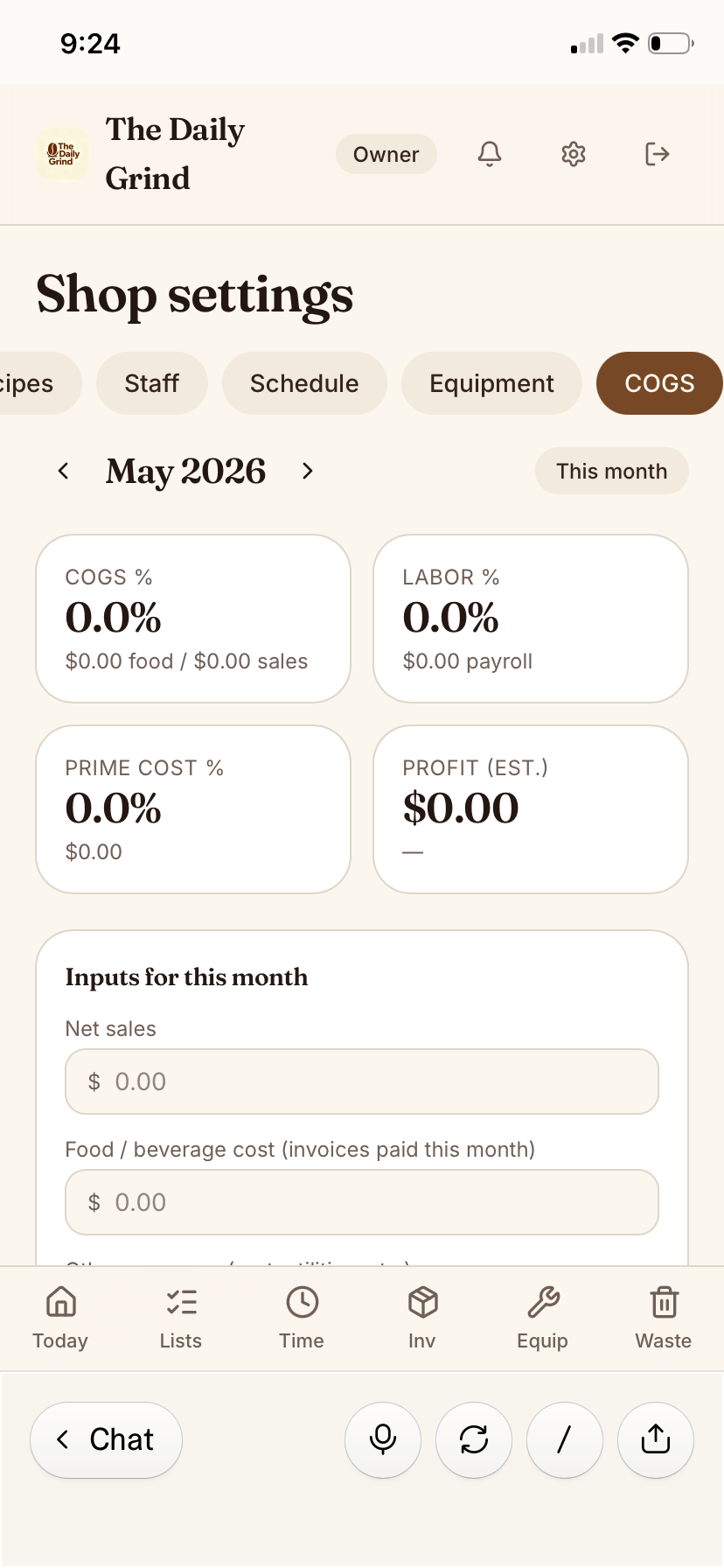 Daily Grind OS COGS screen showing COGS %, labor %, prime cost, and estimated profit