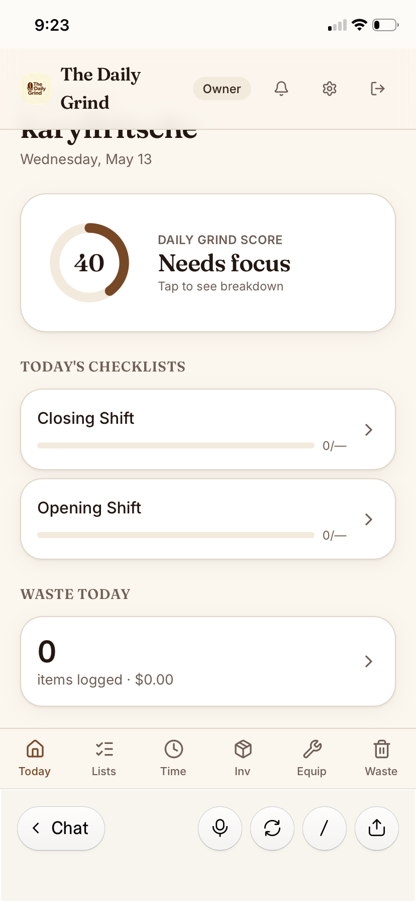 Daily Grind OS app showing the daily score, today's checklists, and waste tracking