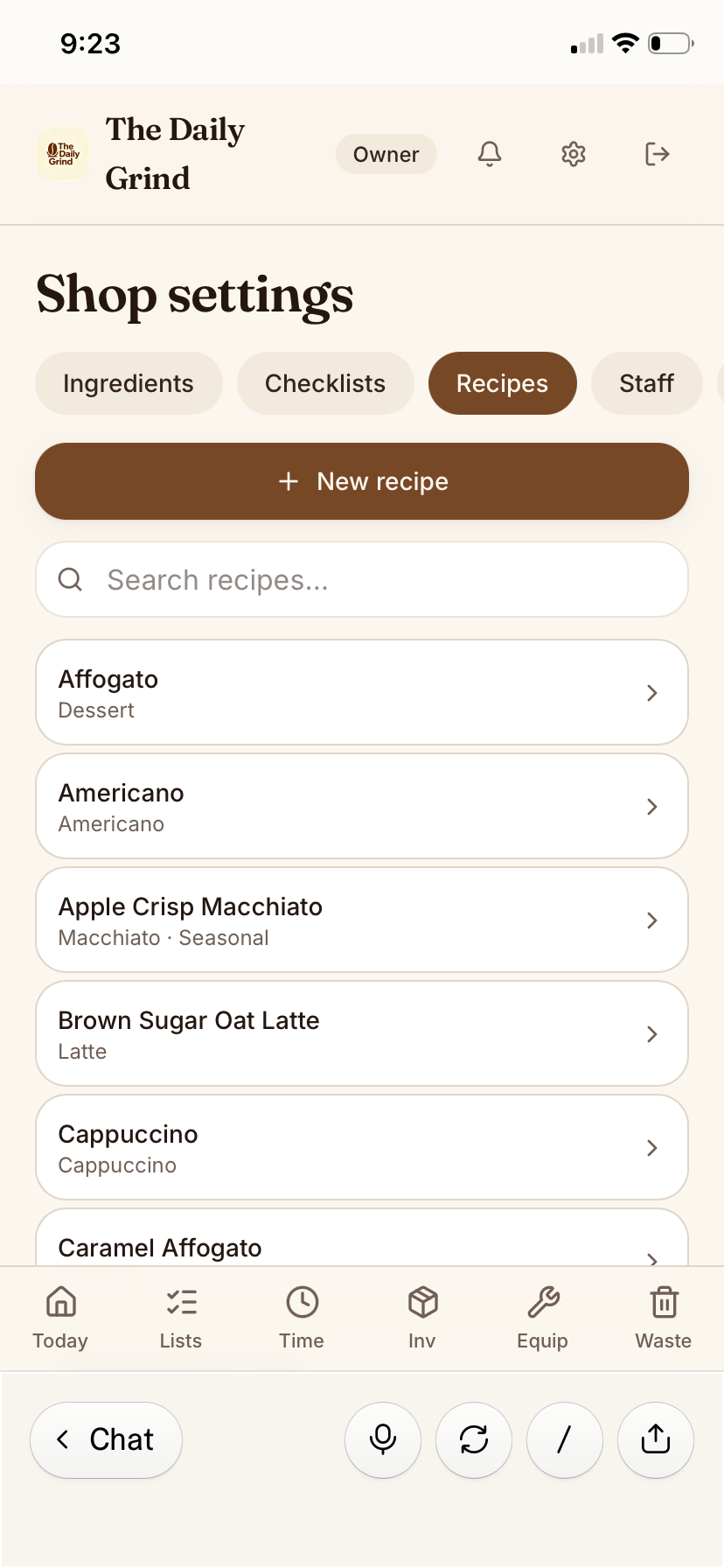 Daily Grind OS recipes screen showing a searchable list of drink recipes